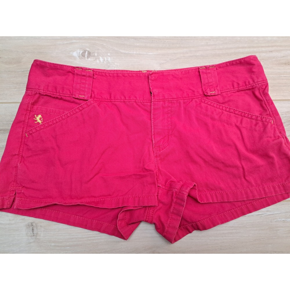 Express Y2K Womens Hot Pink Cotton Low Rise Chino Shorts Embroidered Lion sz 8